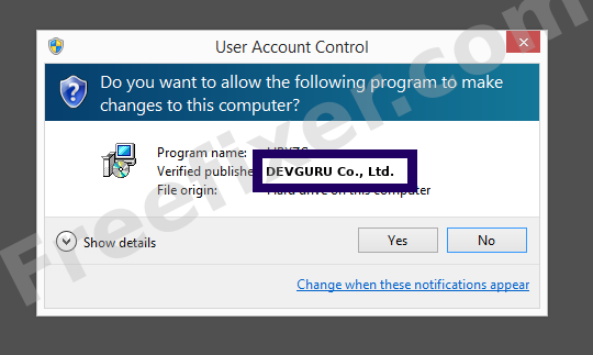 Screenshot where DEVGURU Co., Ltd. appears as the verified publisher in the UAC dialog